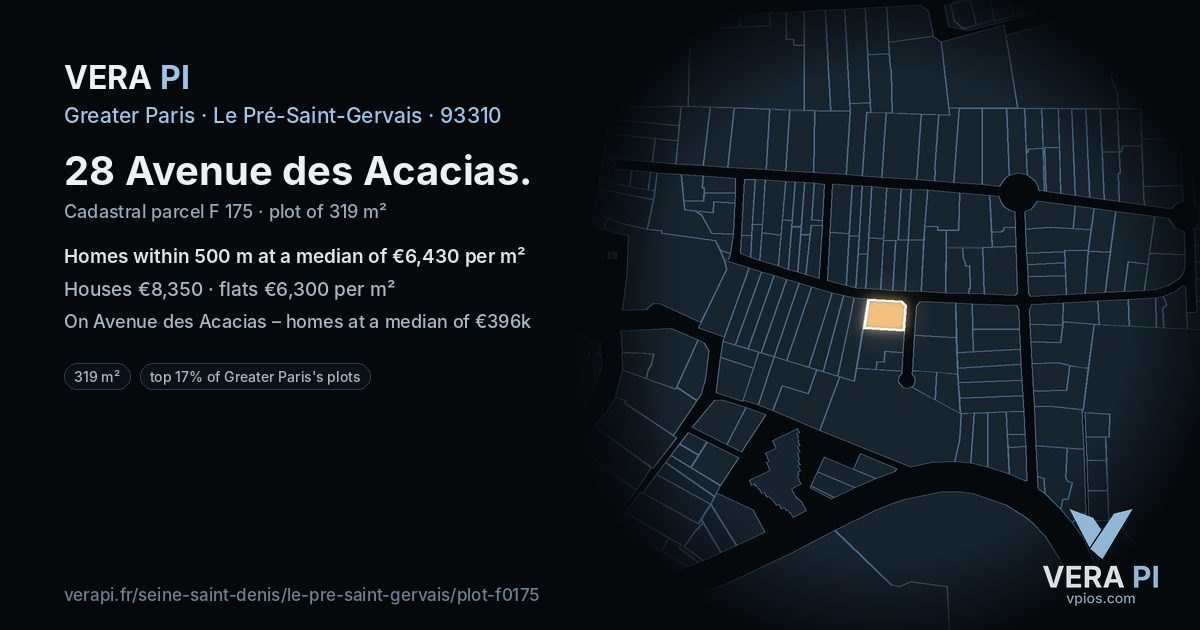 28 Avenue des Acacias, Le Pré-Saint-Gervais at night – the plot lit, the parcels around coloured by the prices near them