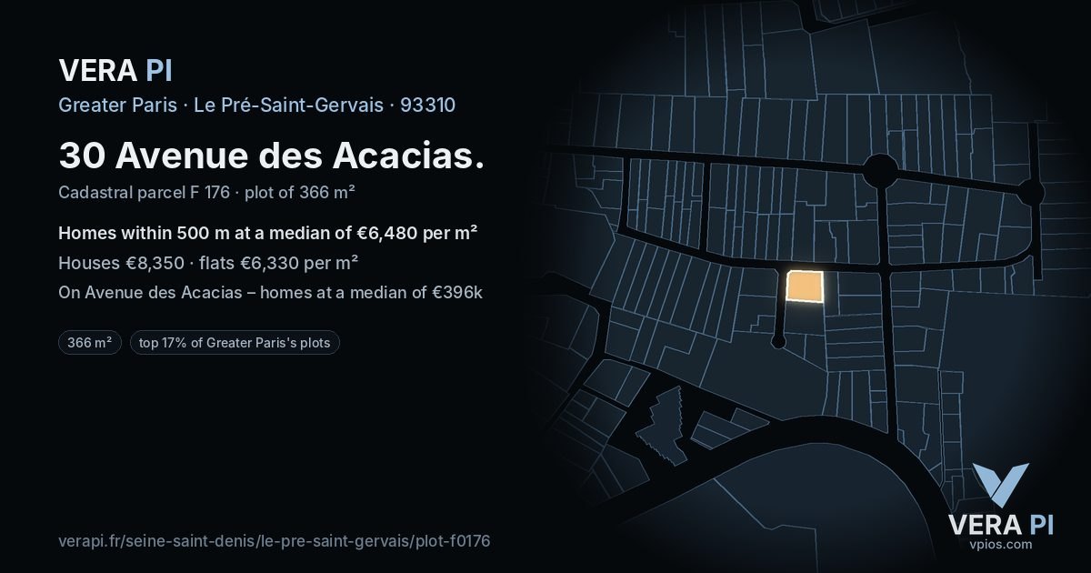 30 Avenue des Acacias, Le Pré-Saint-Gervais at night – the plot lit, the parcels around coloured by the prices near them