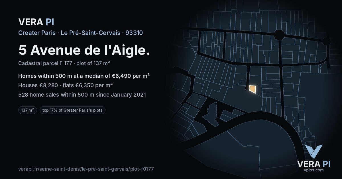 5 Avenue de l'Aigle, Le Pré-Saint-Gervais at night – the plot lit, the parcels around coloured by the prices near them