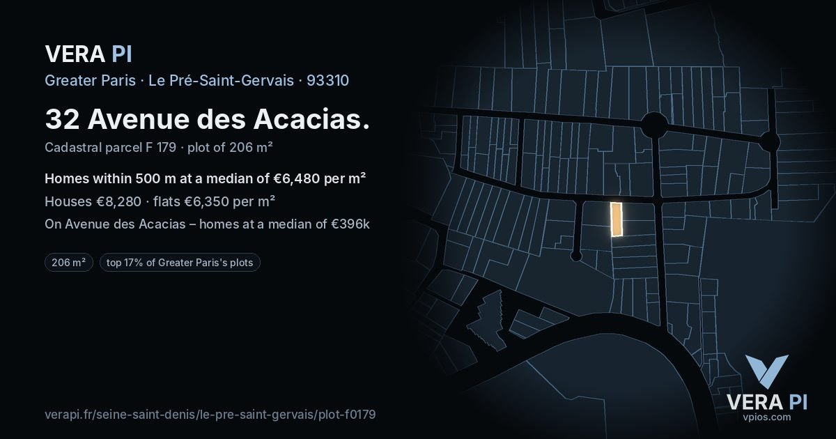 32 Avenue des Acacias, Le Pré-Saint-Gervais at night – the plot lit, the parcels around coloured by the prices near them
