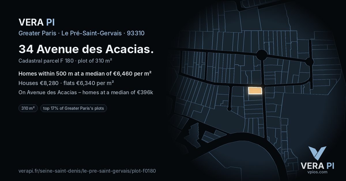 34 Avenue des Acacias, Le Pré-Saint-Gervais at night – the plot lit, the parcels around coloured by the prices near them