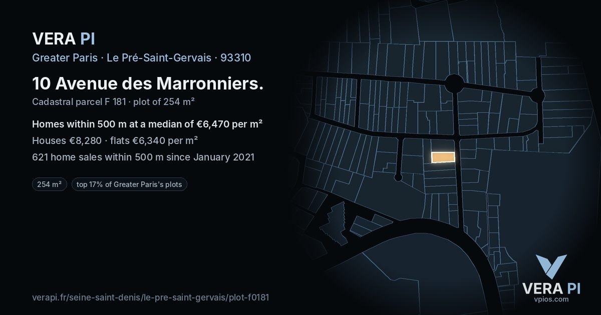 10 Avenue des Marronniers, Le Pré-Saint-Gervais at night – the plot lit, the parcels around coloured by the prices near them