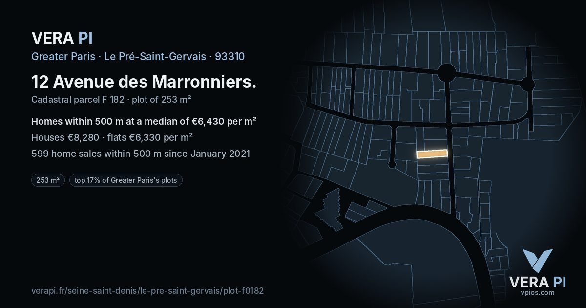 12 Avenue des Marronniers, Le Pré-Saint-Gervais at night – the plot lit, the parcels around coloured by the prices near them
