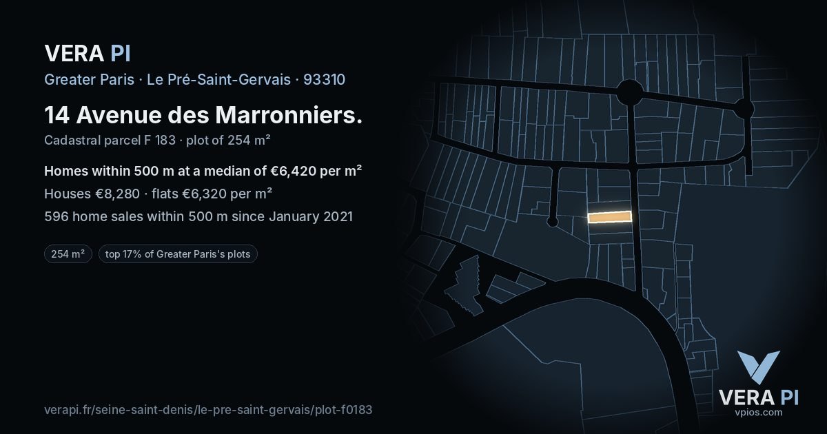 14 Avenue des Marronniers, Le Pré-Saint-Gervais at night – the plot lit, the parcels around coloured by the prices near them