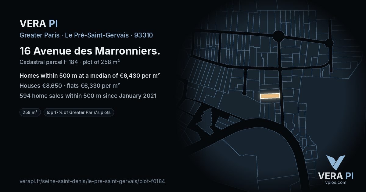 16 Avenue des Marronniers, Le Pré-Saint-Gervais at night – the plot lit, the parcels around coloured by the prices near them