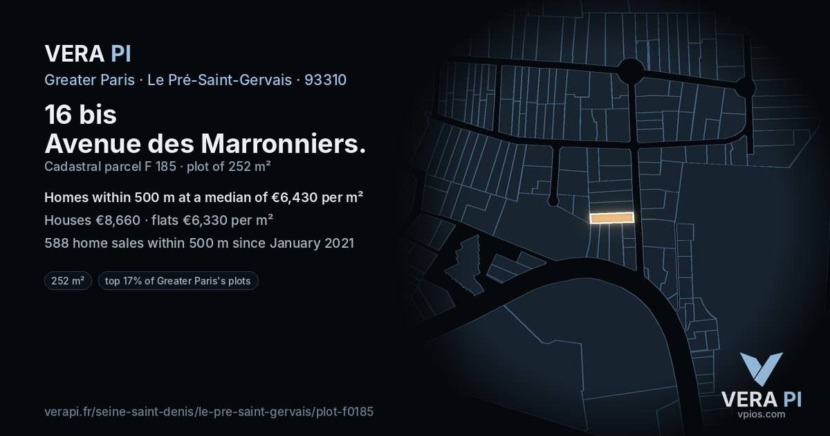 16 bis Avenue des Marronniers, Le Pré-Saint-Gervais at night – the plot lit, the parcels around coloured by the prices near them