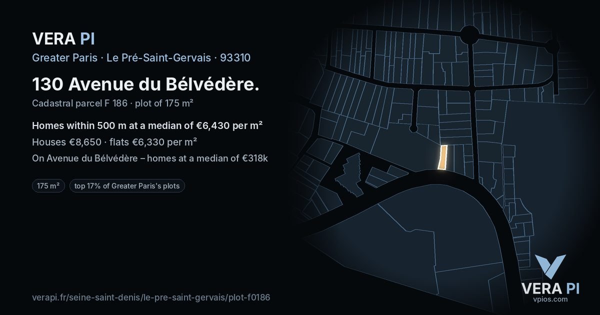130 Avenue du Bélvédère, Le Pré-Saint-Gervais at night – the plot lit, the parcels around coloured by the prices near them