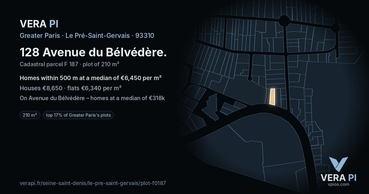 128 Avenue du Bélvédère, Le Pré-Saint-Gervais at night – the plot lit, the parcels around coloured by the prices near them