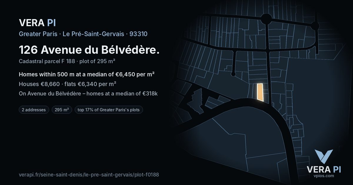 126 Avenue du Bélvédère, Le Pré-Saint-Gervais at night – the plot lit, the parcels around coloured by the prices near them