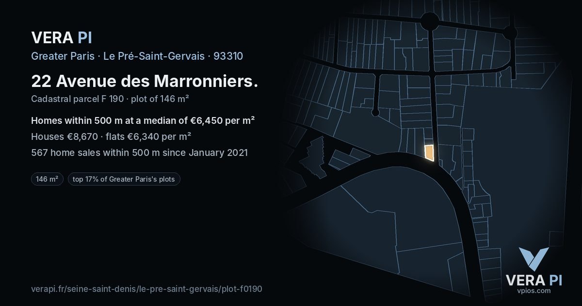 22 Avenue des Marronniers, Le Pré-Saint-Gervais at night – the plot lit, the parcels around coloured by the prices near them