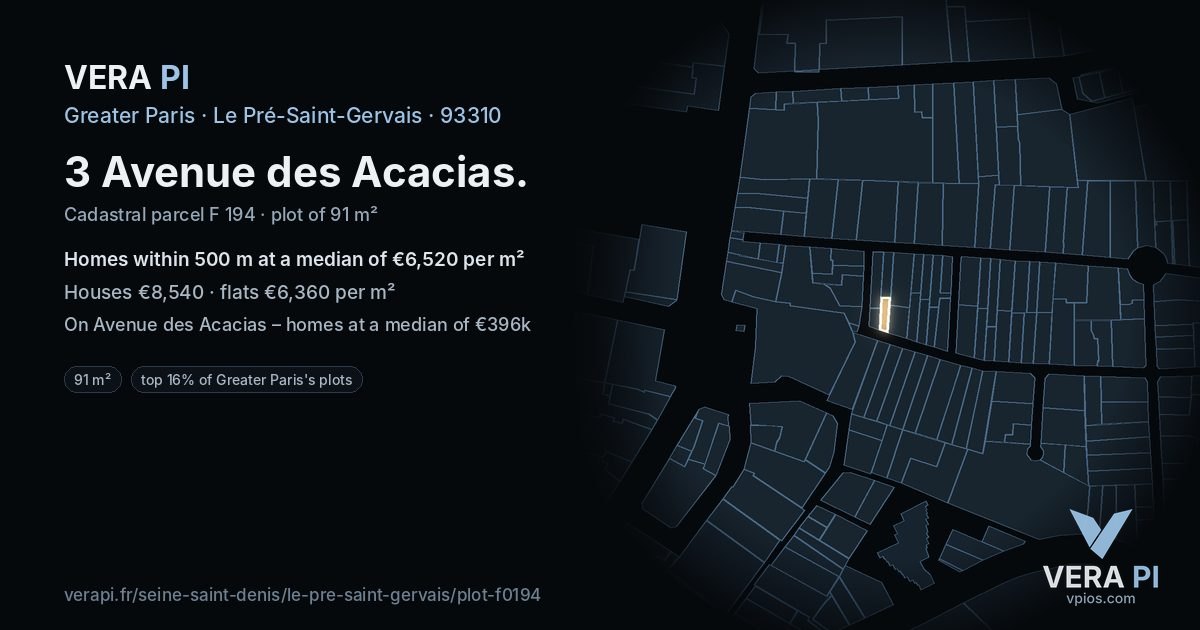 3 Avenue des Acacias, Le Pré-Saint-Gervais at night – the plot lit, the parcels around coloured by the prices near them