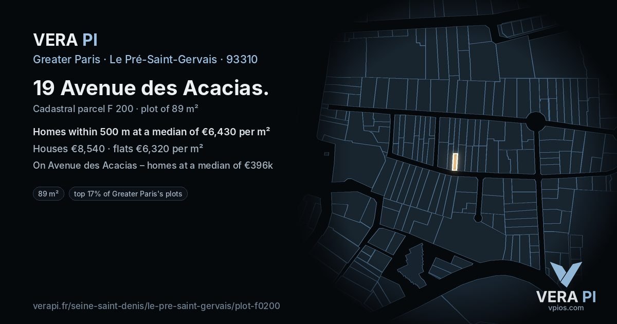 19 Avenue des Acacias, Le Pré-Saint-Gervais at night – the plot lit, the parcels around coloured by the prices near them