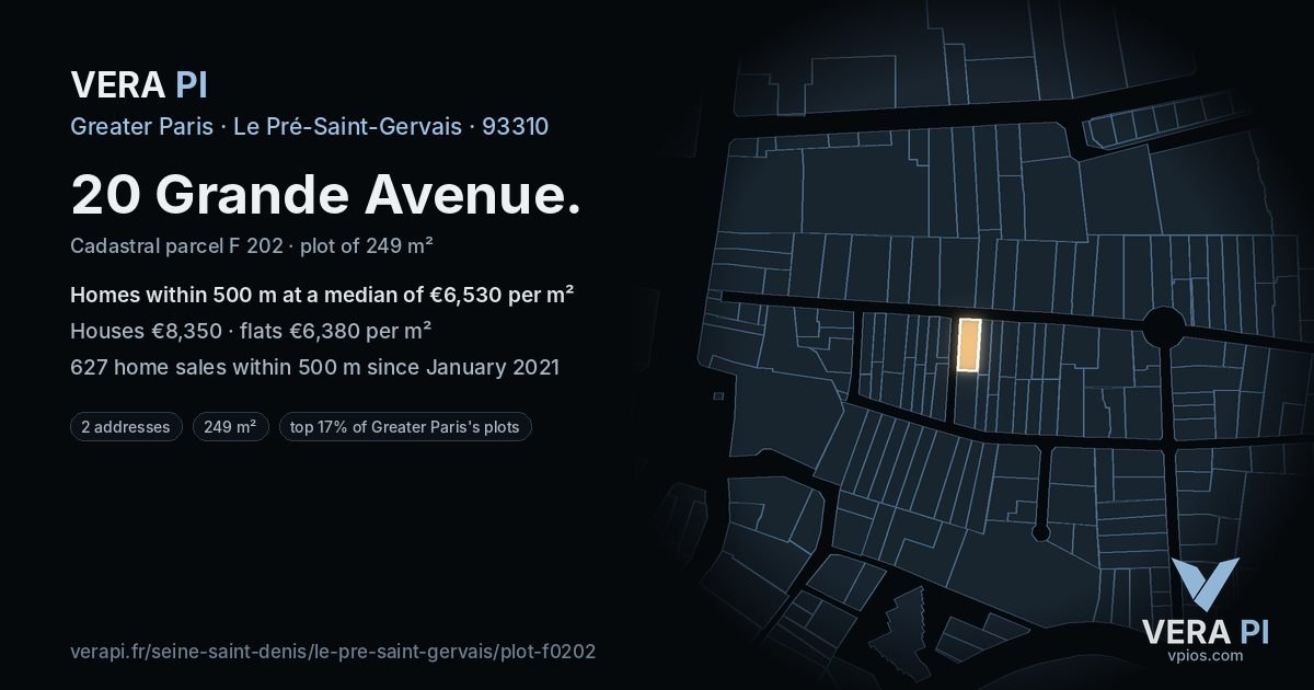 20 Grande Avenue, Le Pré-Saint-Gervais at night – the plot lit, the parcels around coloured by the prices near them