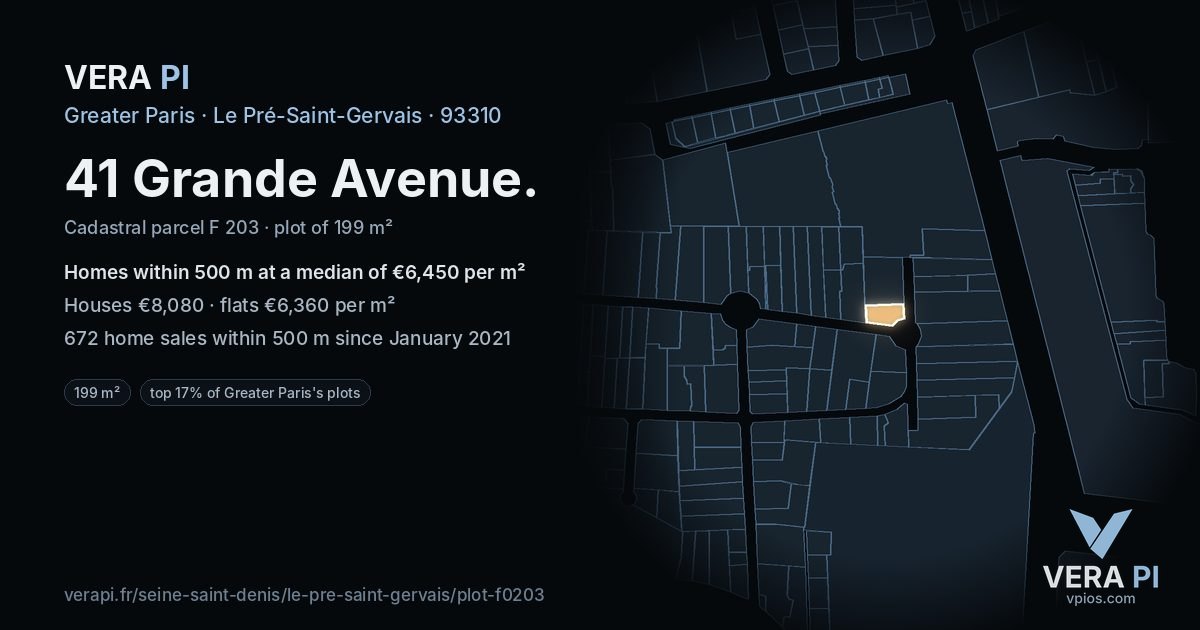 41 Grande Avenue, Le Pré-Saint-Gervais at night – the plot lit, the parcels around coloured by the prices near them