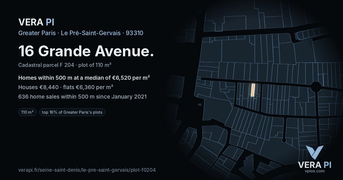 16 Grande Avenue, Le Pré-Saint-Gervais at night – the plot lit, the parcels around coloured by the prices near them