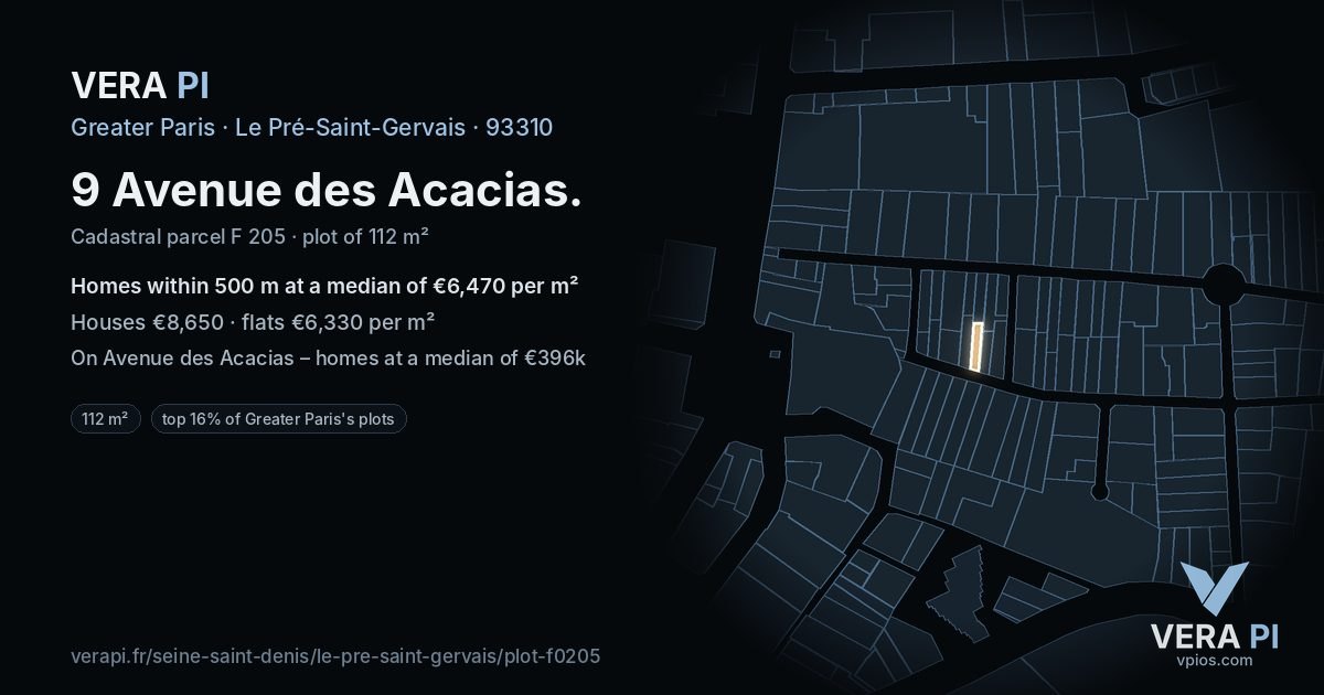 9 Avenue des Acacias, Le Pré-Saint-Gervais at night – the plot lit, the parcels around coloured by the prices near them