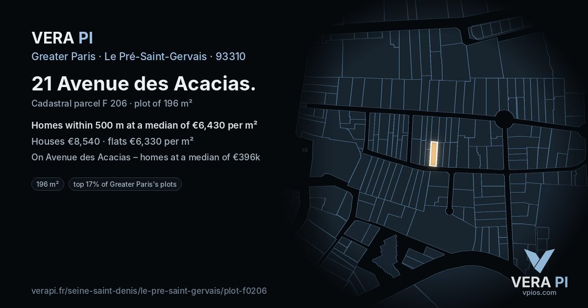 21 Avenue des Acacias, Le Pré-Saint-Gervais at night – the plot lit, the parcels around coloured by the prices near them