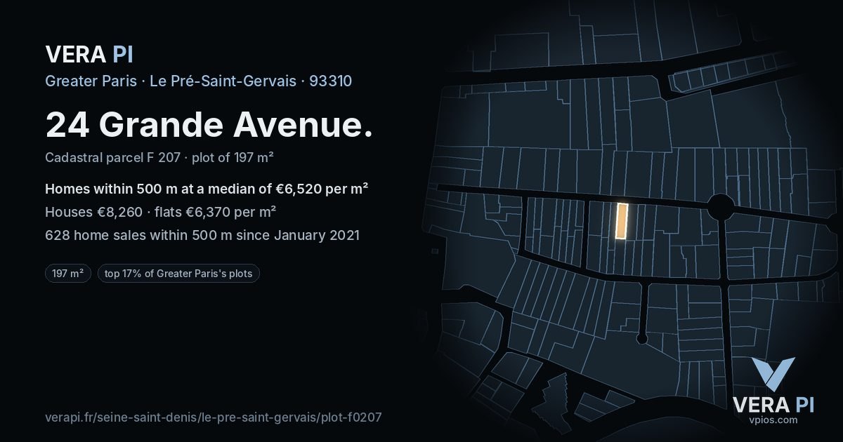 24 Grande Avenue, Le Pré-Saint-Gervais at night – the plot lit, the parcels around coloured by the prices near them
