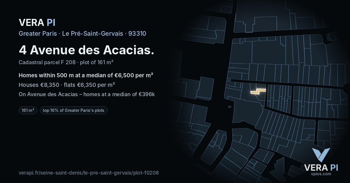4 Avenue des Acacias, Le Pré-Saint-Gervais at night – the plot lit, the parcels around coloured by the prices near them