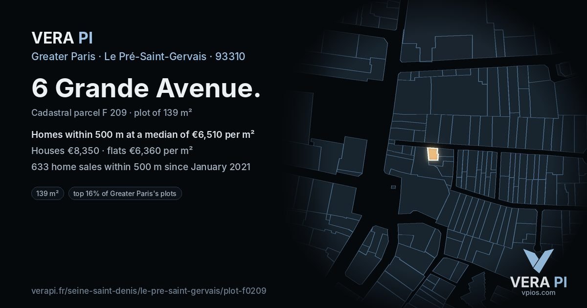 6 Grande Avenue, Le Pré-Saint-Gervais at night – the plot lit, the parcels around coloured by the prices near them