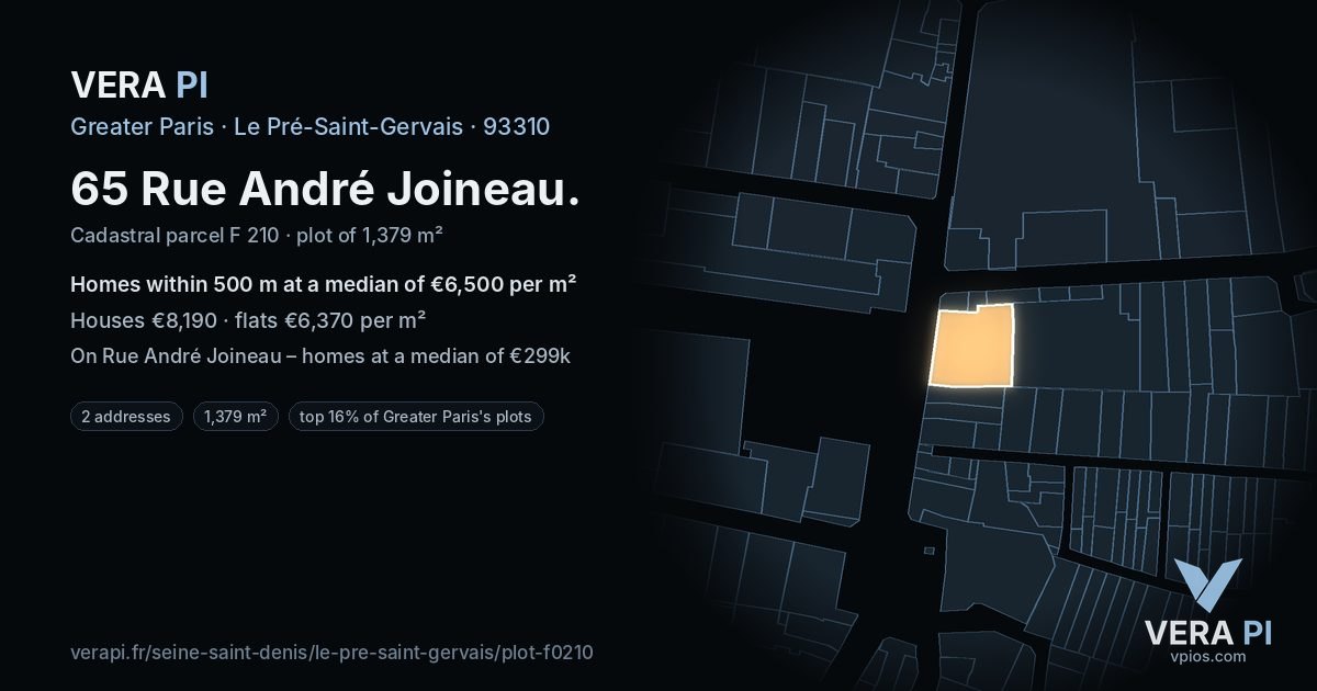 65 Rue André Joineau, Le Pré-Saint-Gervais at night – the plot lit, the parcels around coloured by the prices near them