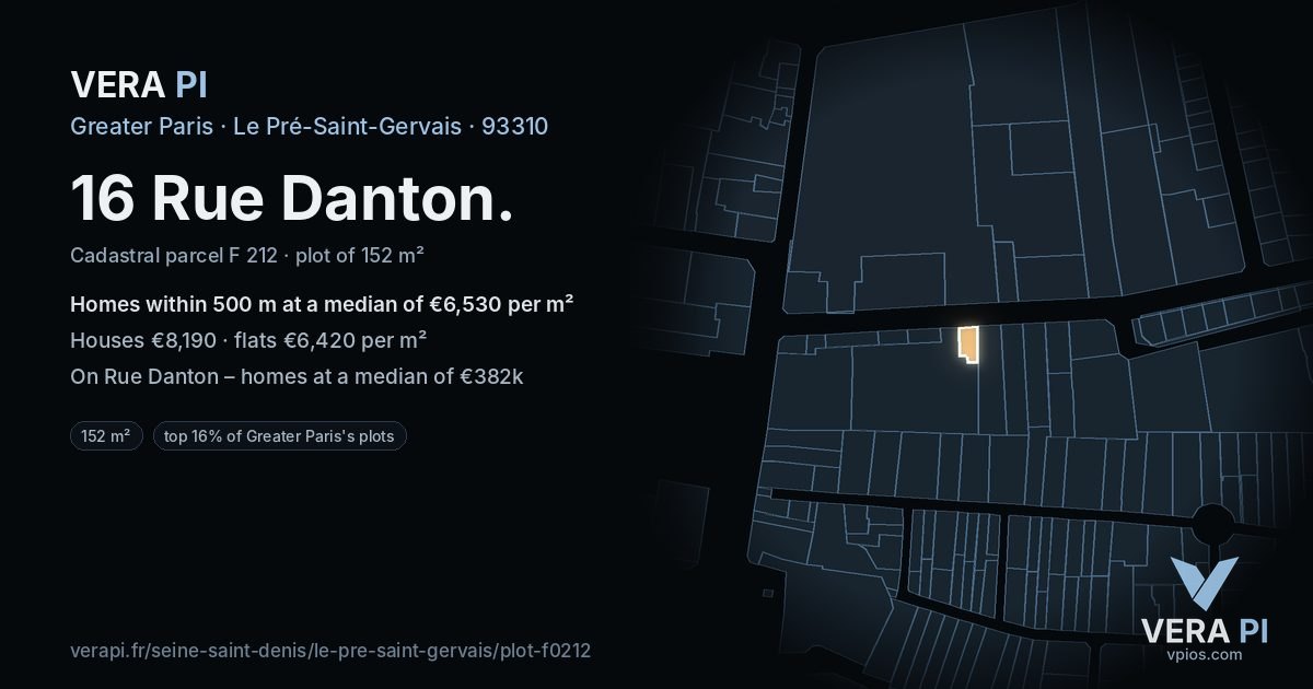 16 Rue Danton, Le Pré-Saint-Gervais at night – the plot lit, the parcels around coloured by the prices near them