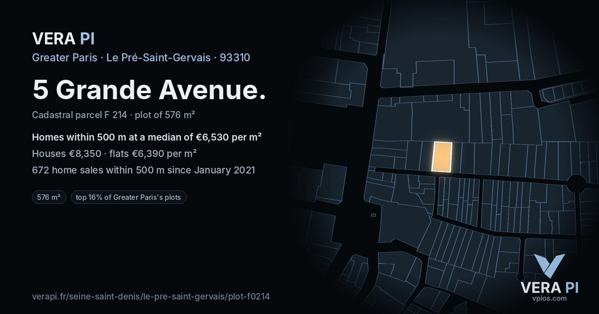 5 Grande Avenue, Le Pré-Saint-Gervais at night – the plot lit, the parcels around coloured by the prices near them