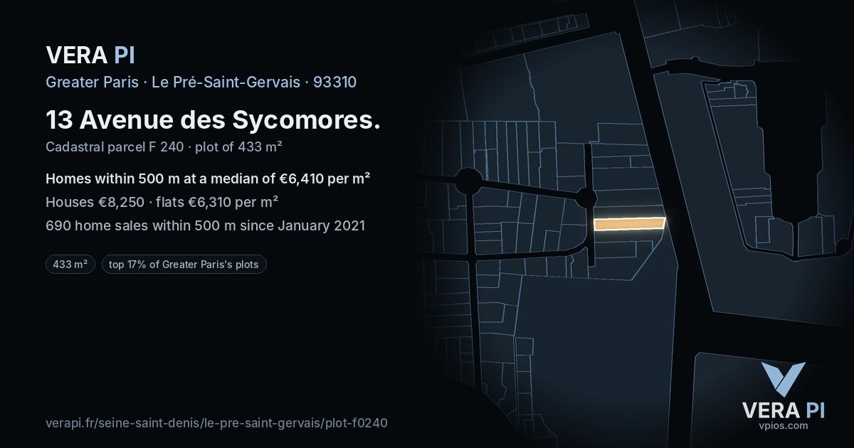 13 Avenue des Sycomores, Le Pré-Saint-Gervais at night – the plot lit, the parcels around coloured by the prices near them