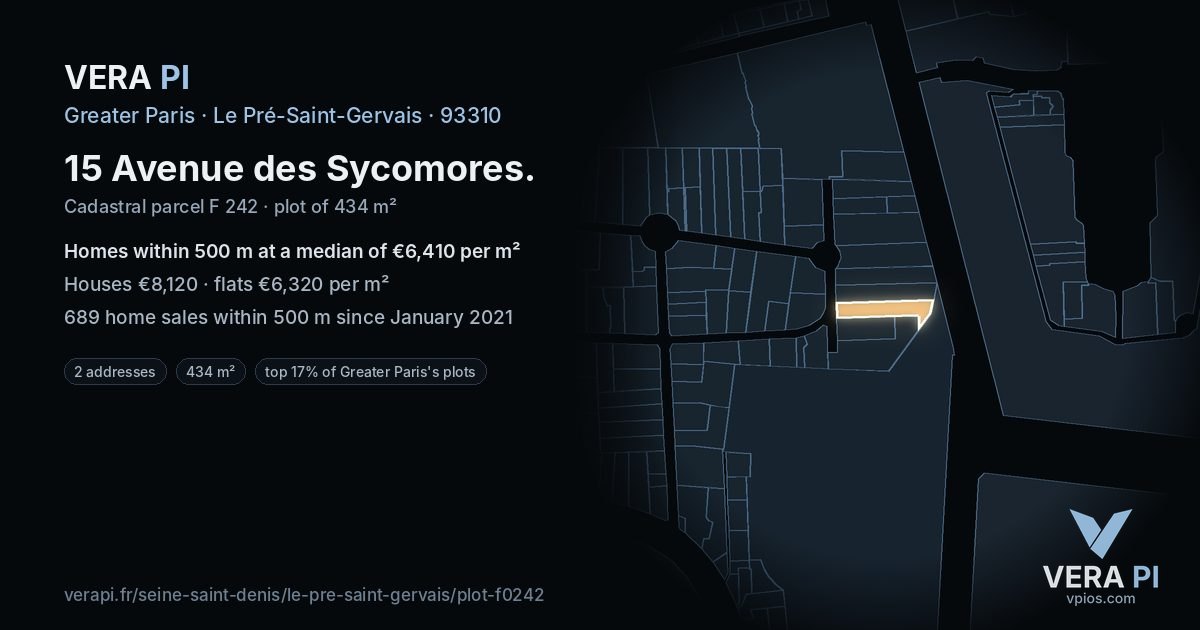 15 Avenue des Sycomores, Le Pré-Saint-Gervais at night – the plot lit, the parcels around coloured by the prices near them