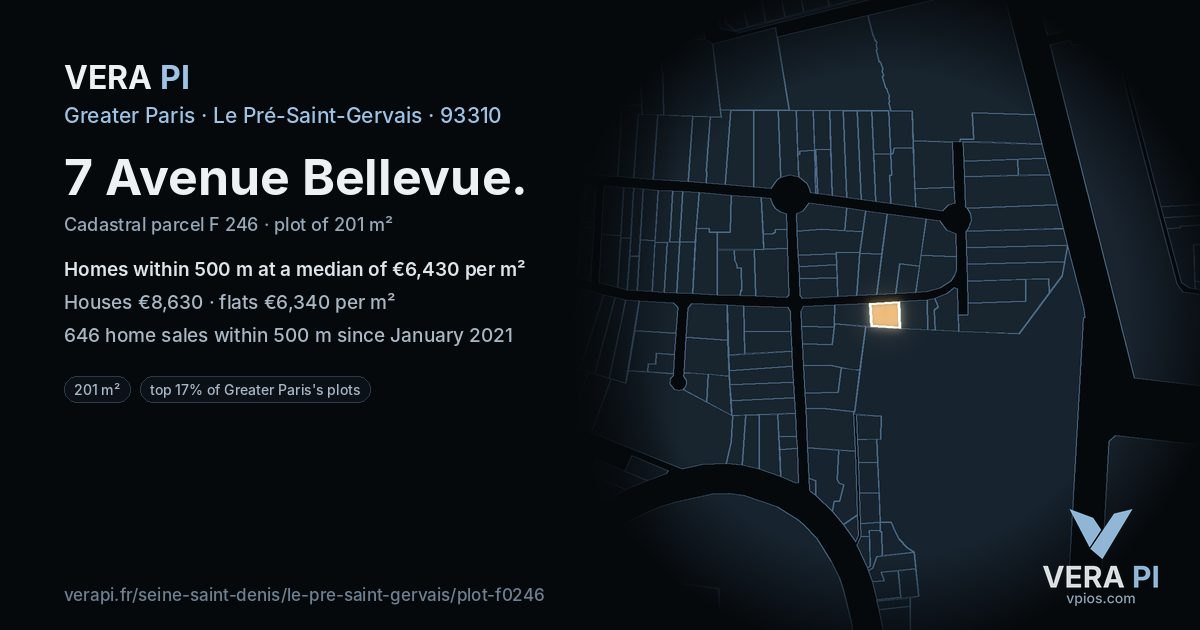 7 Avenue Bellevue, Le Pré-Saint-Gervais at night – the plot lit, the parcels around coloured by the prices near them