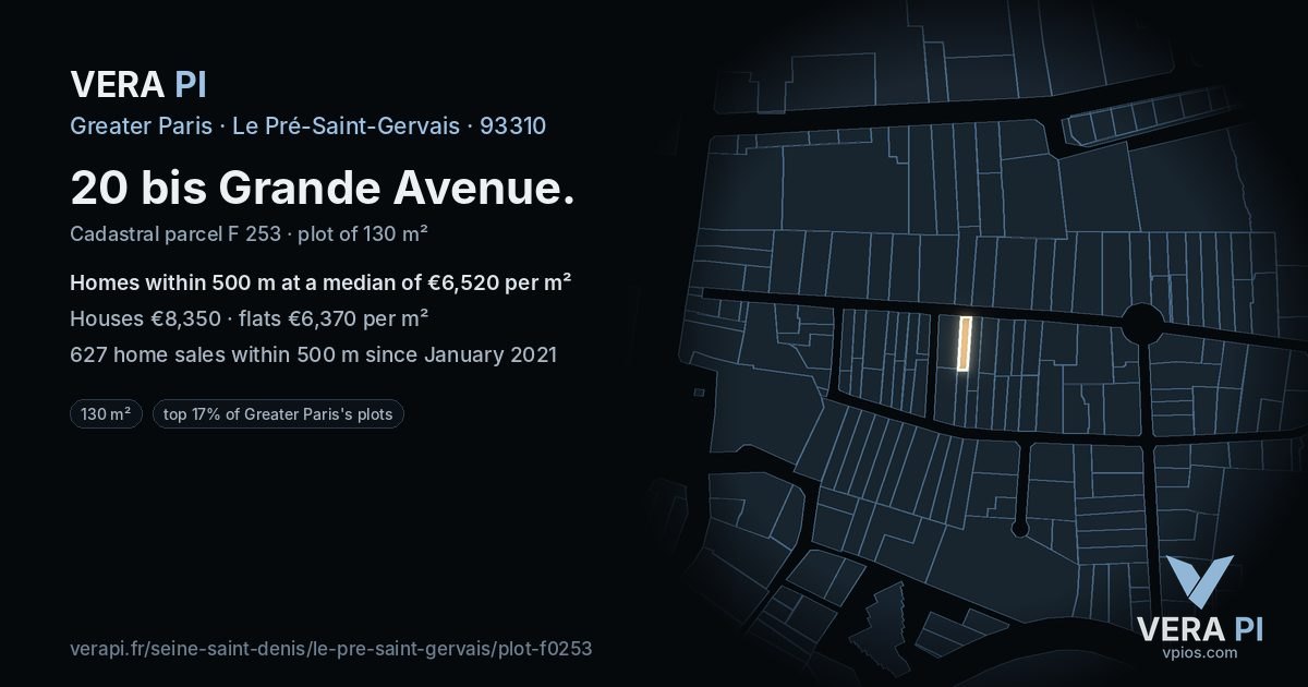 20 bis Grande Avenue, Le Pré-Saint-Gervais at night – the plot lit, the parcels around coloured by the prices near them