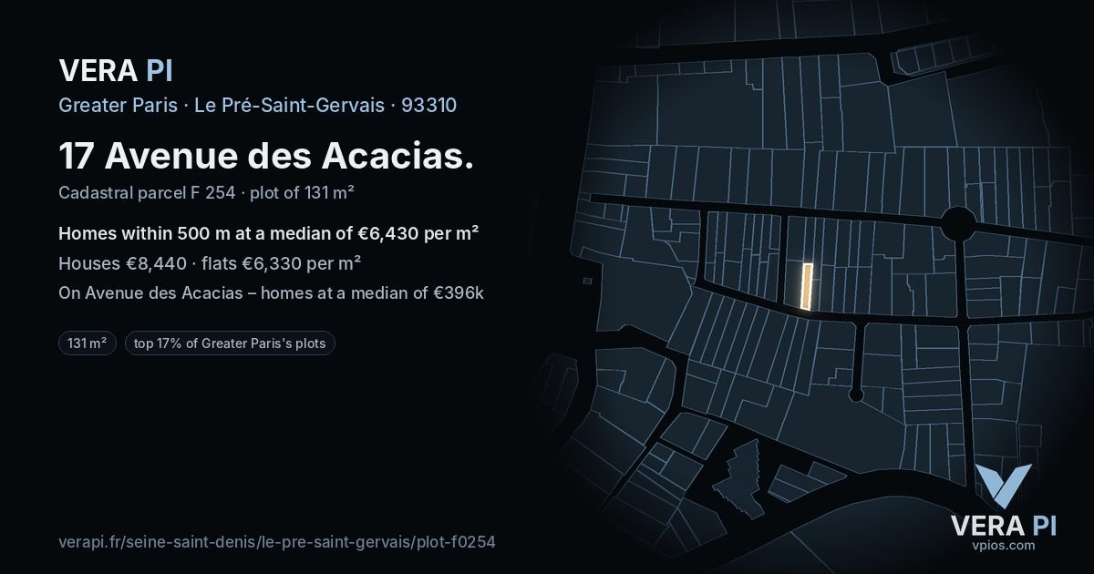 17 Avenue des Acacias, Le Pré-Saint-Gervais at night – the plot lit, the parcels around coloured by the prices near them