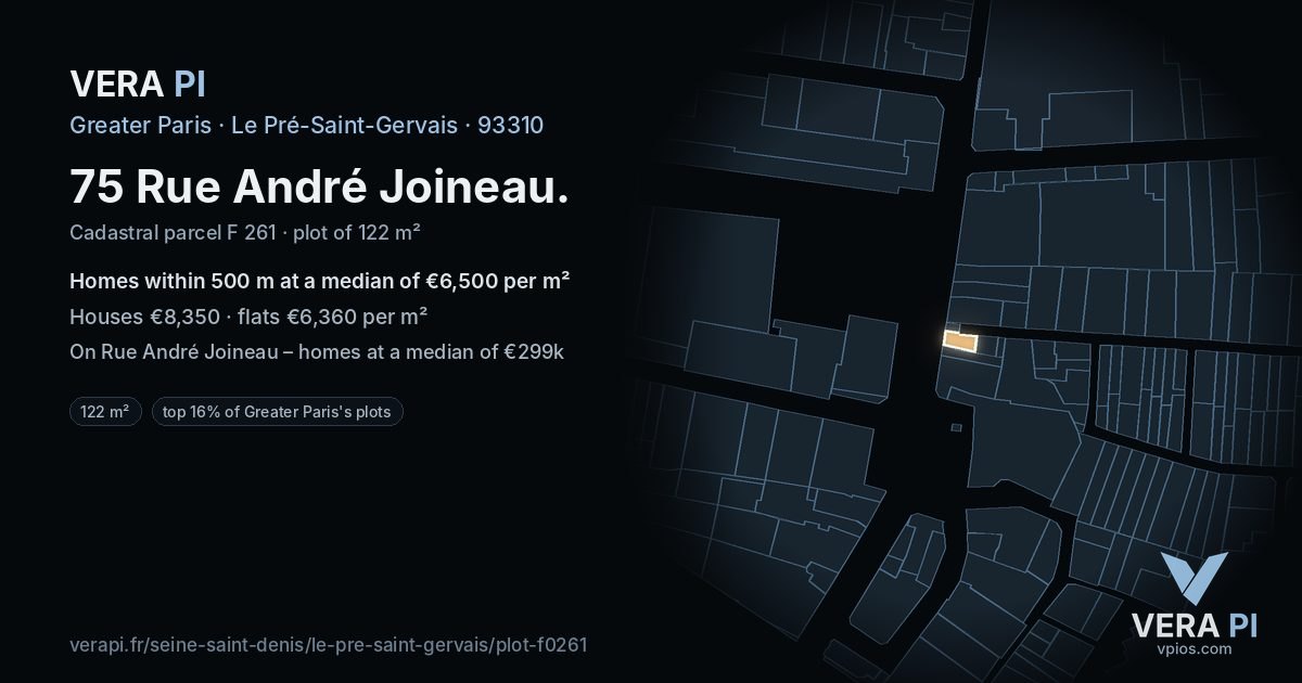 75 Rue André Joineau, Le Pré-Saint-Gervais at night – the plot lit, the parcels around coloured by the prices near them