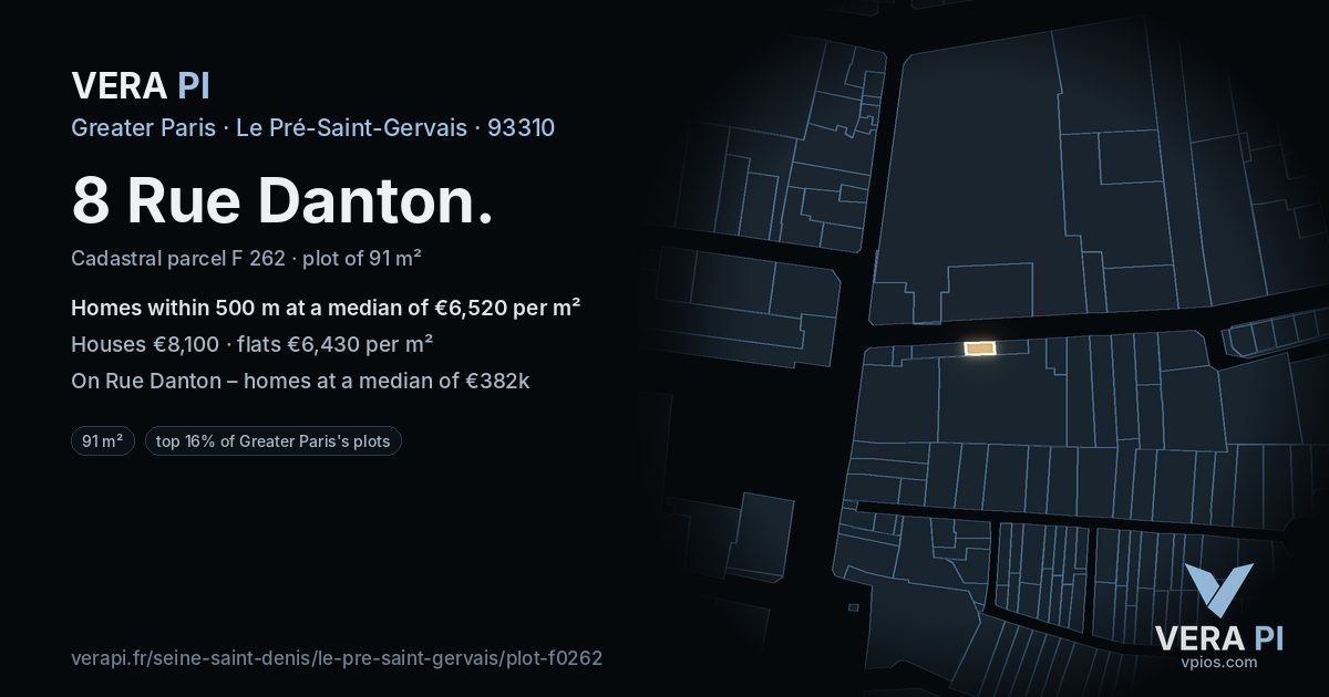 8 Rue Danton, Le Pré-Saint-Gervais at night – the plot lit, the parcels around coloured by the prices near them