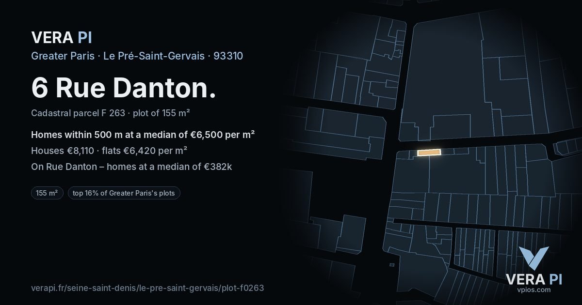 6 Rue Danton, Le Pré-Saint-Gervais at night – the plot lit, the parcels around coloured by the prices near them