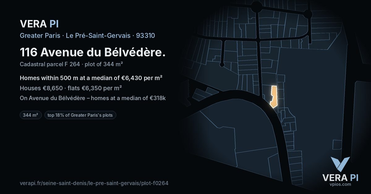 116 Avenue du Bélvédère, Le Pré-Saint-Gervais at night – the plot lit, the parcels around coloured by the prices near them