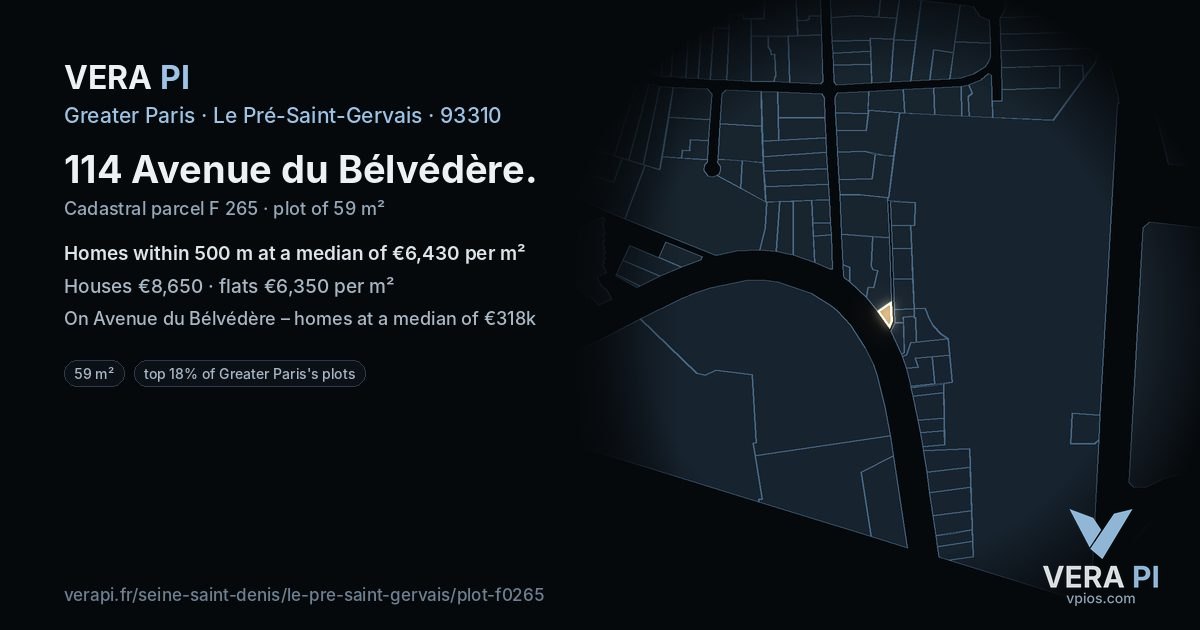 114 Avenue du Bélvédère, Le Pré-Saint-Gervais at night – the plot lit, the parcels around coloured by the prices near them