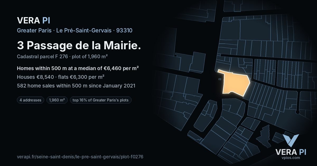 3 Passage de la Mairie, Le Pré-Saint-Gervais at night – the plot lit, the parcels around coloured by the prices near them