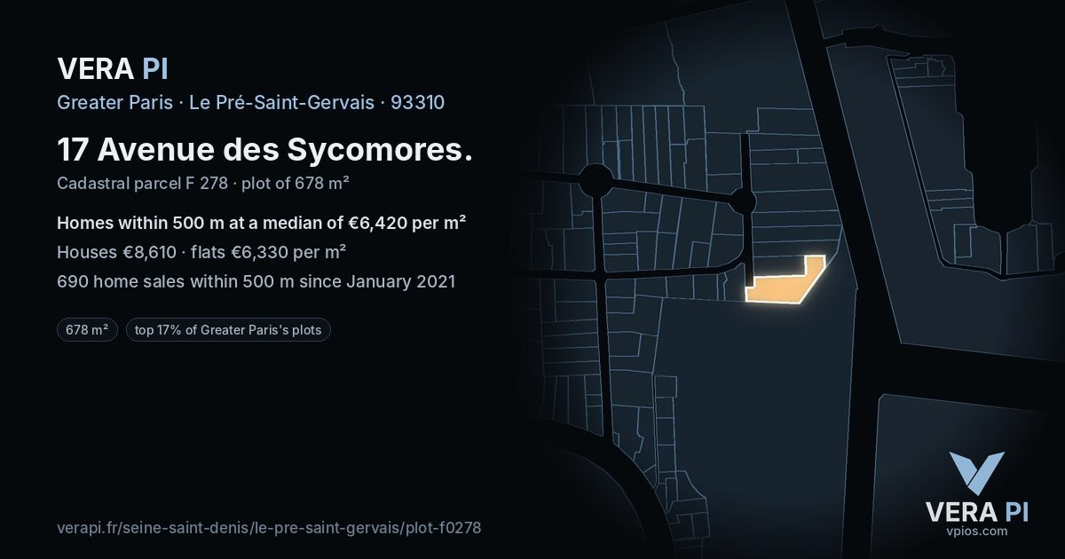 17 Avenue des Sycomores, Le Pré-Saint-Gervais at night – the plot lit, the parcels around coloured by the prices near them
