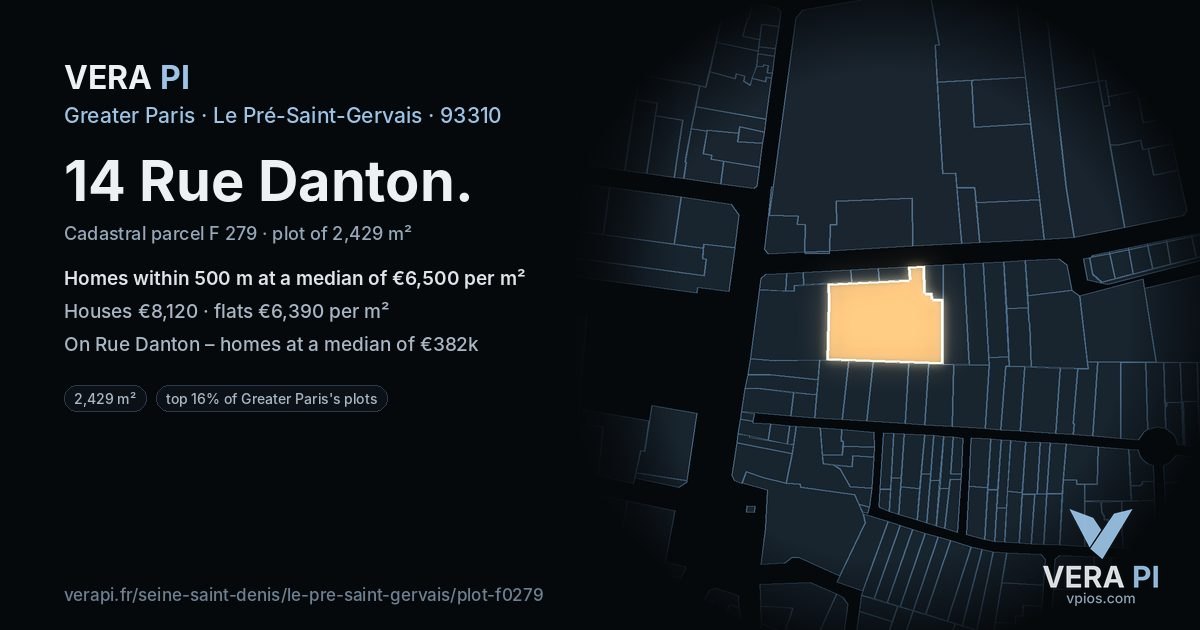 14 Rue Danton, Le Pré-Saint-Gervais at night – the plot lit, the parcels around coloured by the prices near them