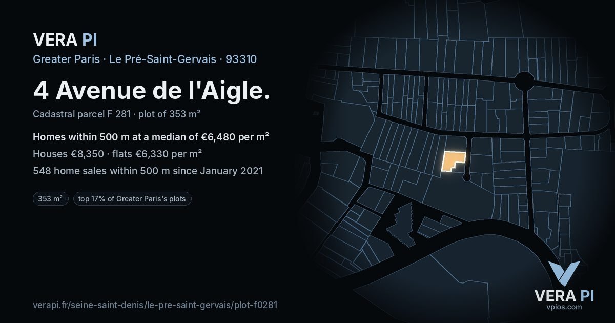 4 Avenue de l'Aigle, Le Pré-Saint-Gervais at night – the plot lit, the parcels around coloured by the prices near them