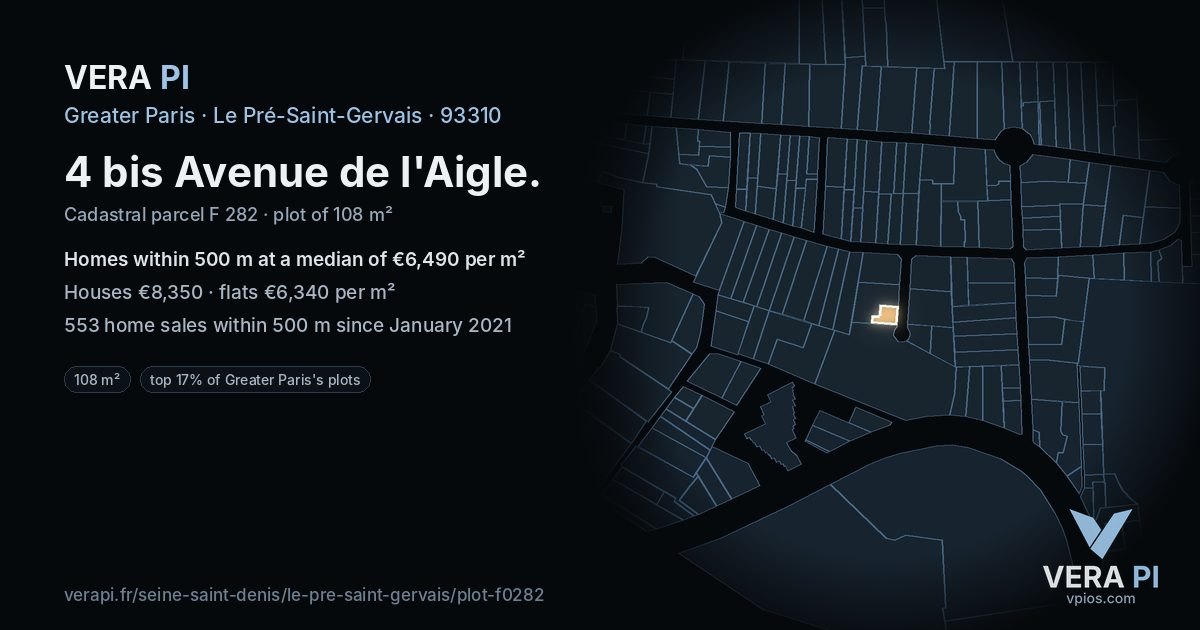 4 bis Avenue de l'Aigle, Le Pré-Saint-Gervais at night – the plot lit, the parcels around coloured by the prices near them