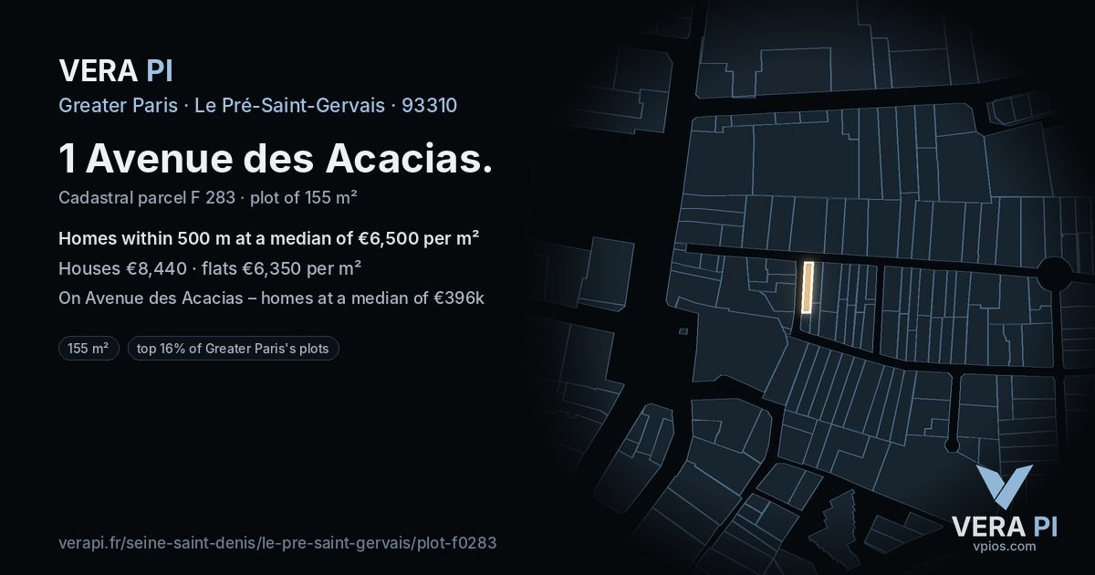 1 Avenue des Acacias, Le Pré-Saint-Gervais at night – the plot lit, the parcels around coloured by the prices near them