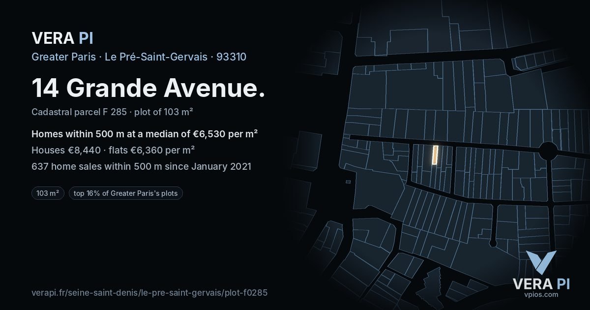 14 Grande Avenue, Le Pré-Saint-Gervais at night – the plot lit, the parcels around coloured by the prices near them