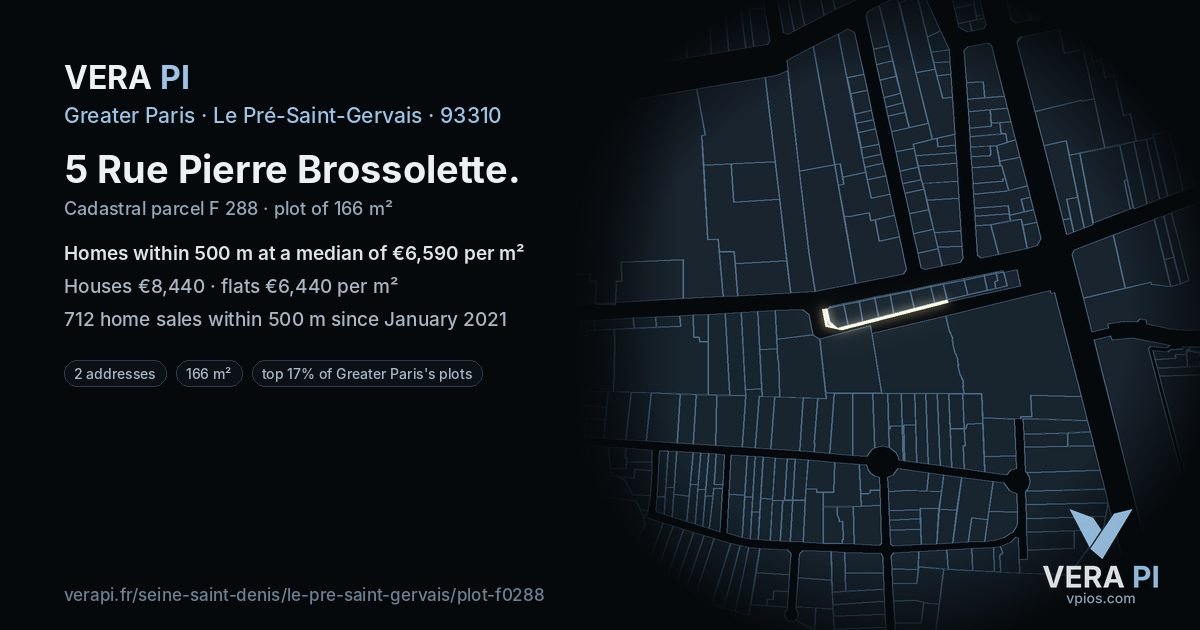 5 Rue Pierre Brossolette, Le Pré-Saint-Gervais at night – the plot lit, the parcels around coloured by the prices near them