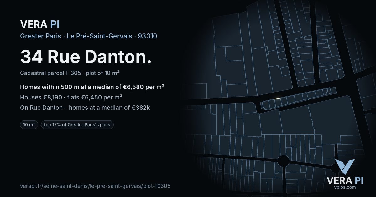 34 Rue Danton, Le Pré-Saint-Gervais at night – the plot lit, the parcels around coloured by the prices near them