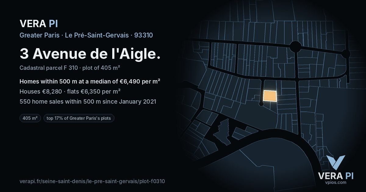 3 Avenue de l'Aigle, Le Pré-Saint-Gervais at night – the plot lit, the parcels around coloured by the prices near them