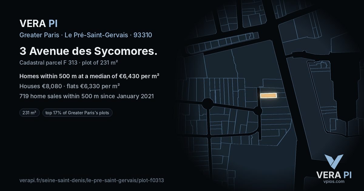 3 Avenue des Sycomores, Le Pré-Saint-Gervais at night – the plot lit, the parcels around coloured by the prices near them