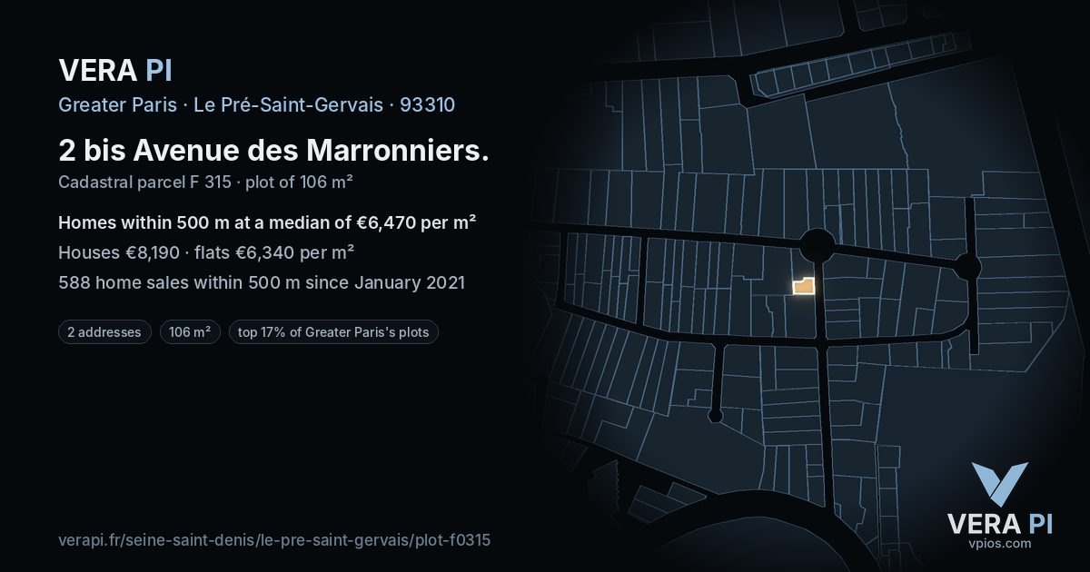 2 bis Avenue des Marronniers, Le Pré-Saint-Gervais at night – the plot lit, the parcels around coloured by the prices near them