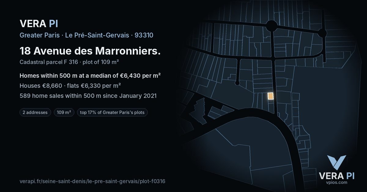 18 Avenue des Marronniers, Le Pré-Saint-Gervais at night – the plot lit, the parcels around coloured by the prices near them